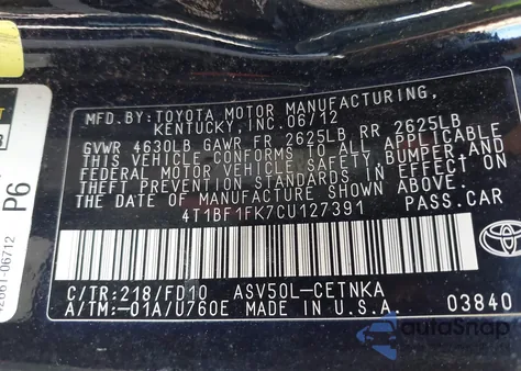 2012 Toyota Camry Le z USA, uszkodzony, nr VIN 4T1BF1FK7CU127391